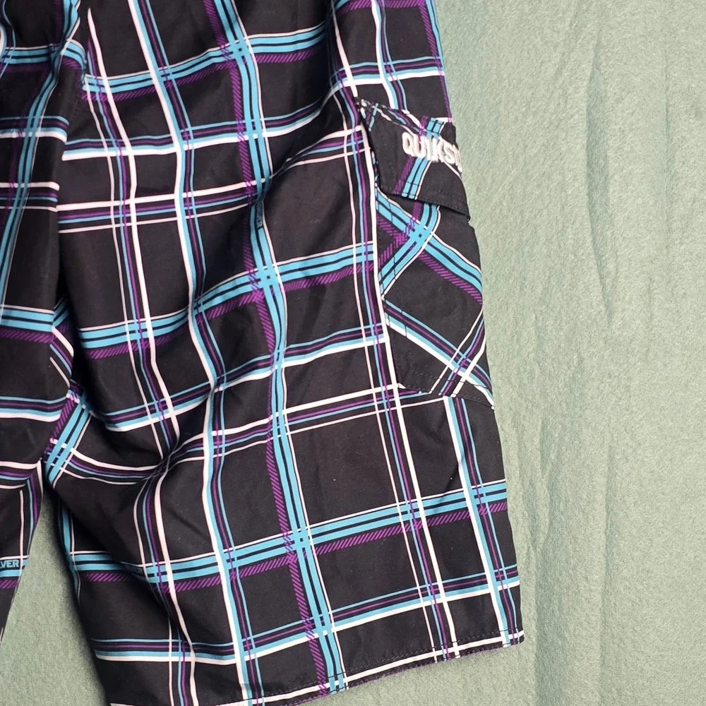 Quiksilver‎ Boys Plaid Board Shorts Black Teal Purple Swim Trunks Size 10 NEW